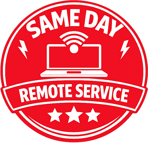 A red circular logo featuring a laptop with a Wi-Fi symbol, text reading SAME DAY REMOTE SERVICE, and three stars.