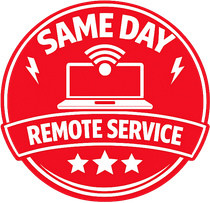 A red circular logo featuring a laptop with a Wi-Fi symbol, text reading SAME DAY REMOTE SERVICE, and three stars.