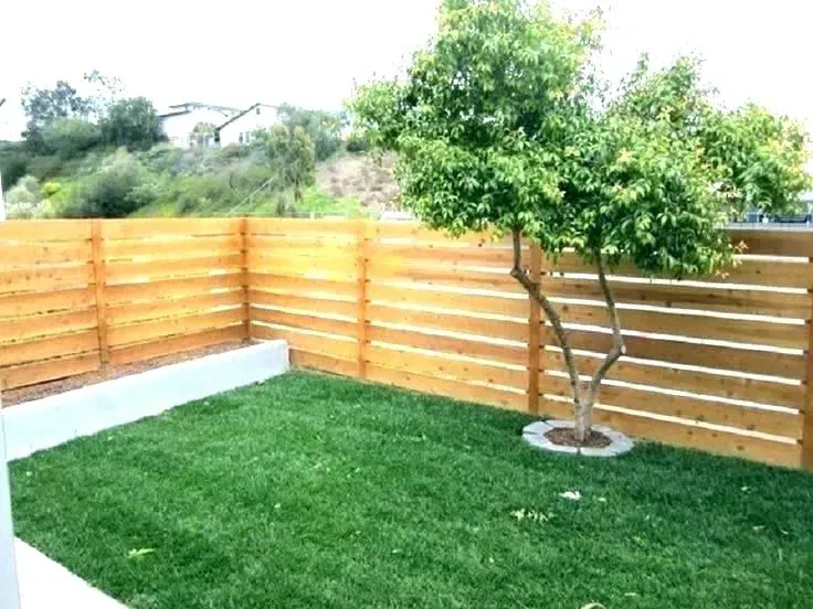 A wooden fence surrounds a lush green yard with a tree in the middle.