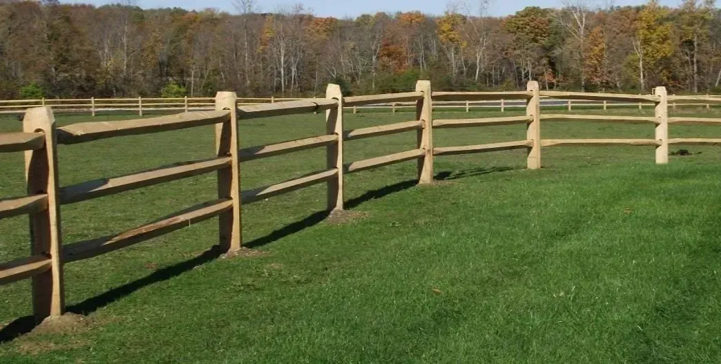 A wooden fence surrounds a grassy field with trees in the background.