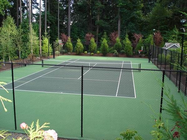 A tennis court is surrounded by trees and bushes