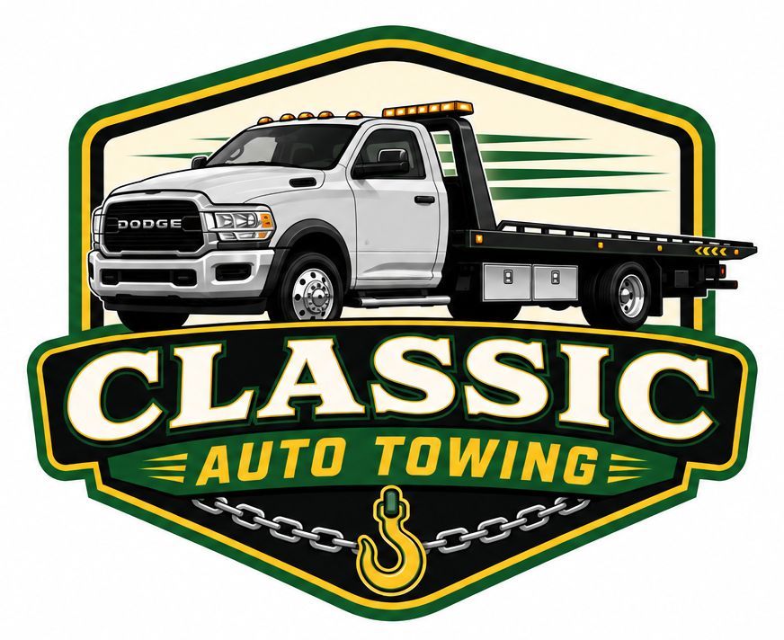 Classic Auto Towing logo with a white tow truck and black-gold shield emblem