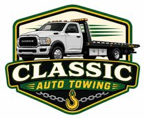 Classic Auto Towing logo with a white tow truck and black-gold shield emblem