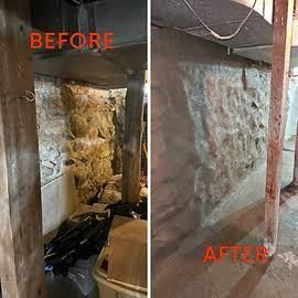 Basement wall repair comparison: damaged wall “before” on left, finished wall “after” on right.