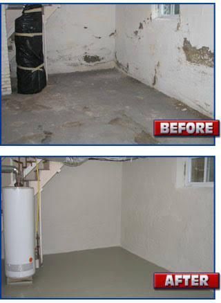 Basement corner before and after waterproofing, with repaired white walls and clean gray floor