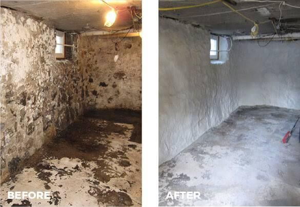 Basement before-and-after: moldy, damaged walls changed to clean, painted concrete floor and walls