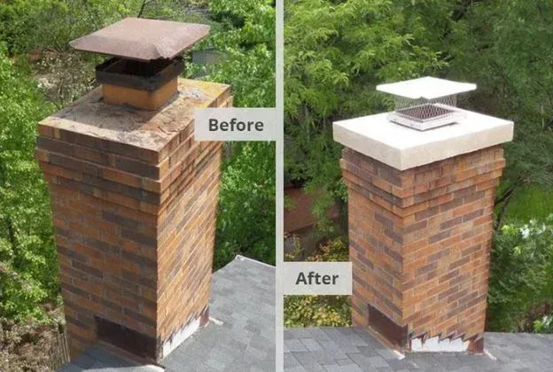 Before-and-after of a brick chimney: weathered cap replaced with a white concrete top and metal vent.