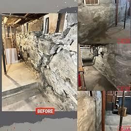 Basement stone wall before-and-after repair photos, showing exposed masonry and finished wall surfaces.
