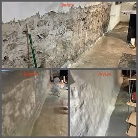Wall repair progress: damaged wall before, partially smoothed in middle, and fully plastered on right.