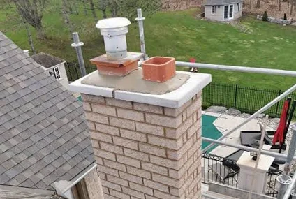 Brick chimney with two metal vents on a rooftop beside a yard and patio fence.