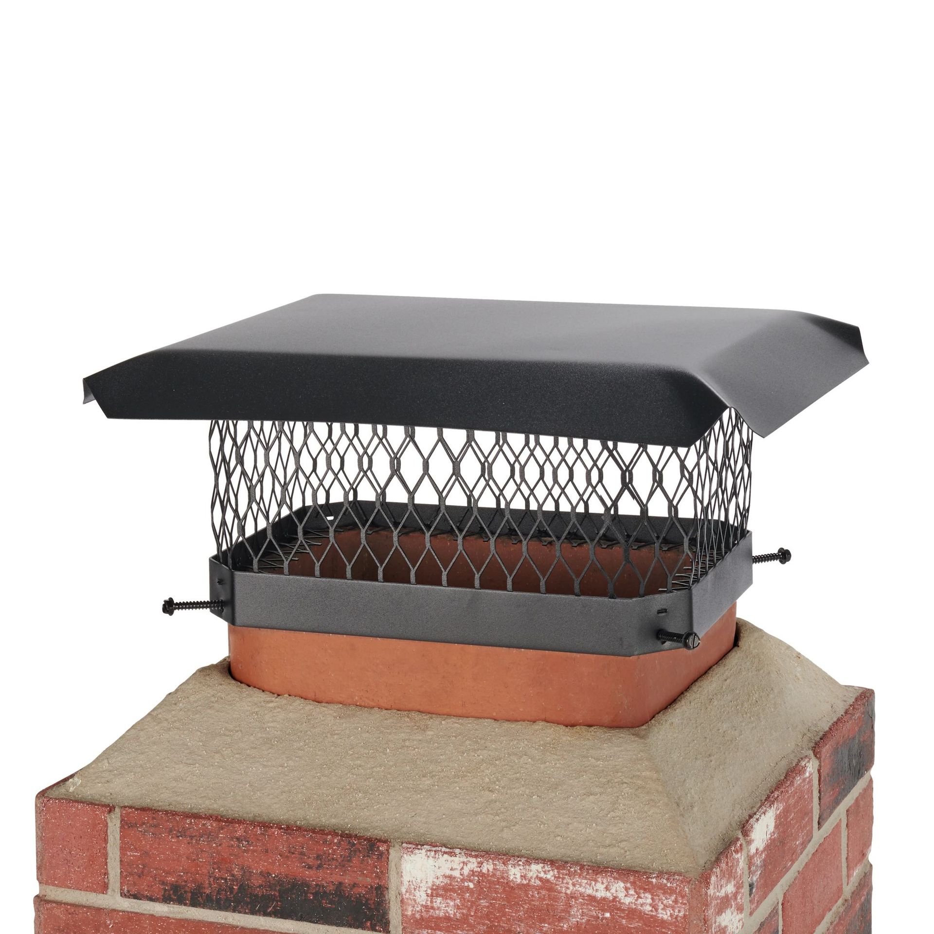 Black chimney cap with wire mesh on a red brick chimney base