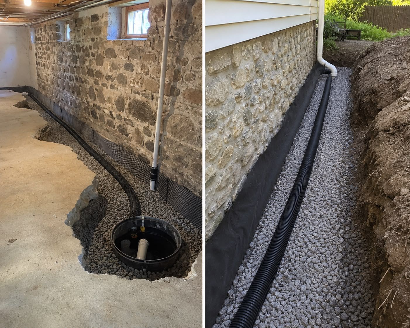 Exterior foundation drain installation with black pipe, gravel trench, and basement window wells