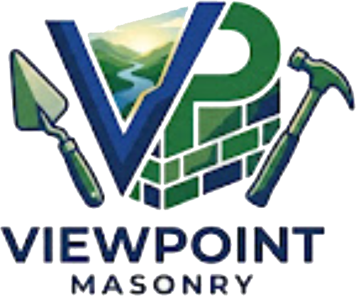 Viewpoint Masonry logo with blue and green brick design, trowel, hammer, and mountain background