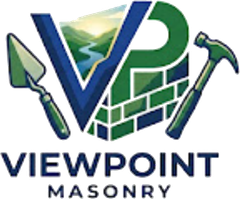 Viewpoint Masonry logo with blue and green brick design, trowel, hammer, and mountain background