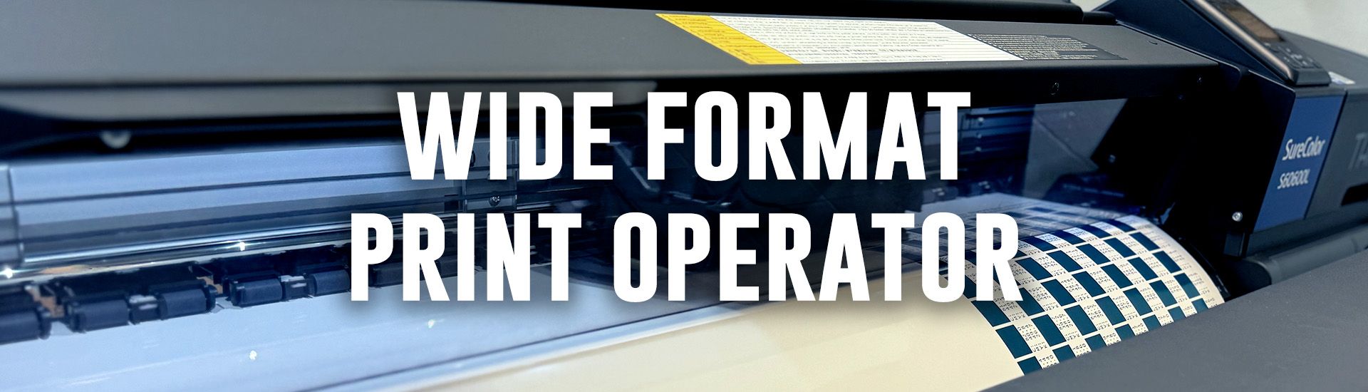 Vinyl cutter cutting blue letters on a white roll of material.