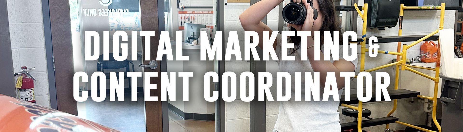 Digital marketing content coordinator text over a blurred office workspace