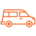 Orange outline of a van, viewed from the side, with two windows.