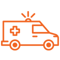 Orange outline of an ambulance with a cross symbol and flashing light on top.