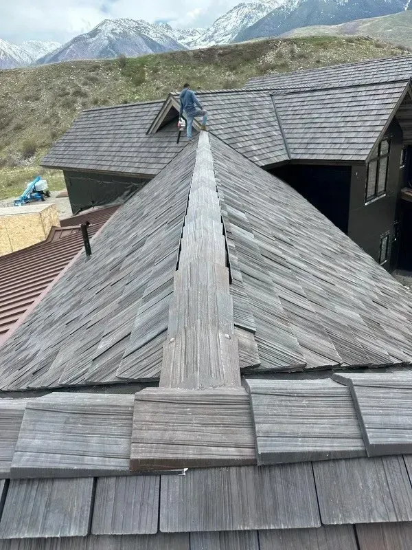 A man is standing on the roof of a house with mountains in the background.