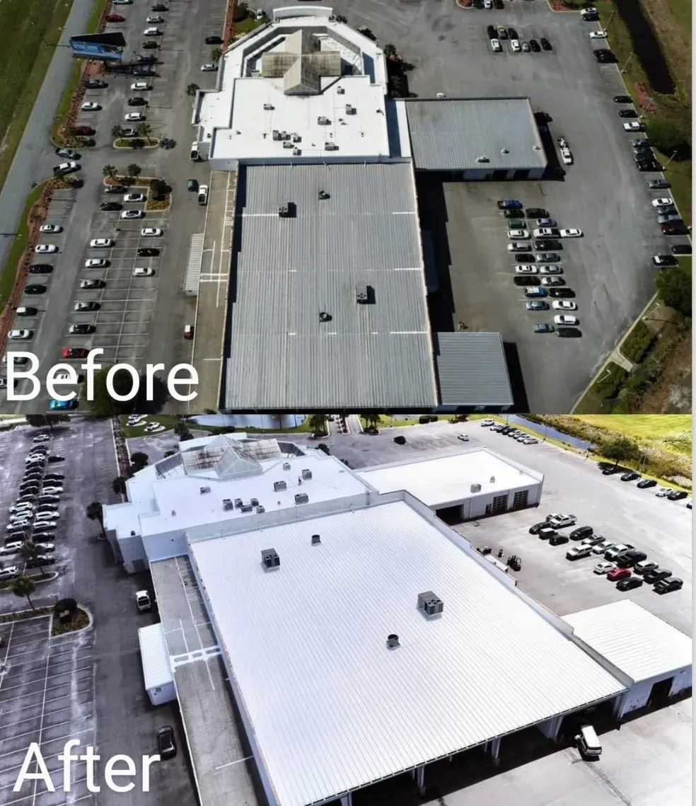 An aerial view of a building before and after being painted white