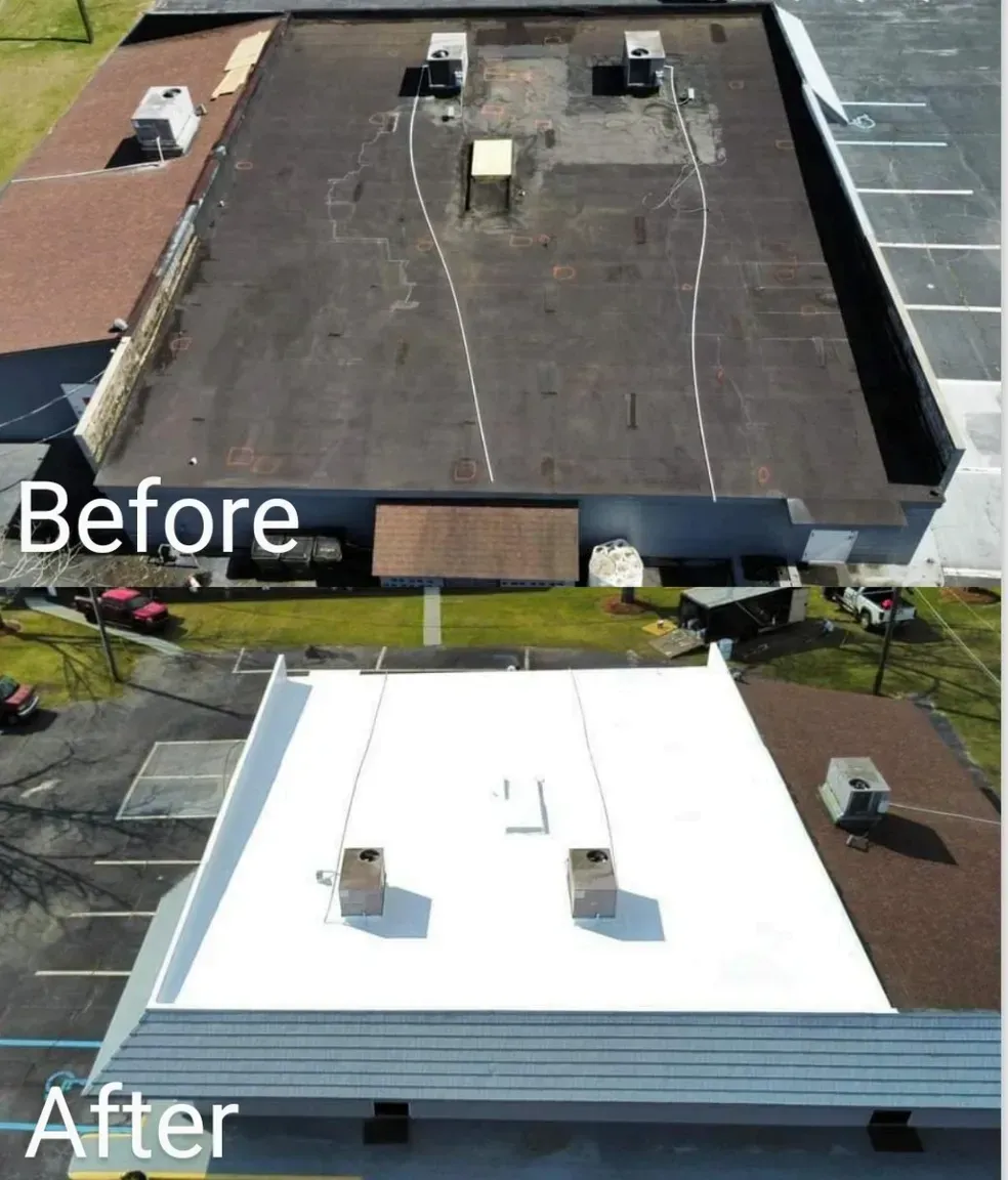An aerial view of a building before and after a roof replacement