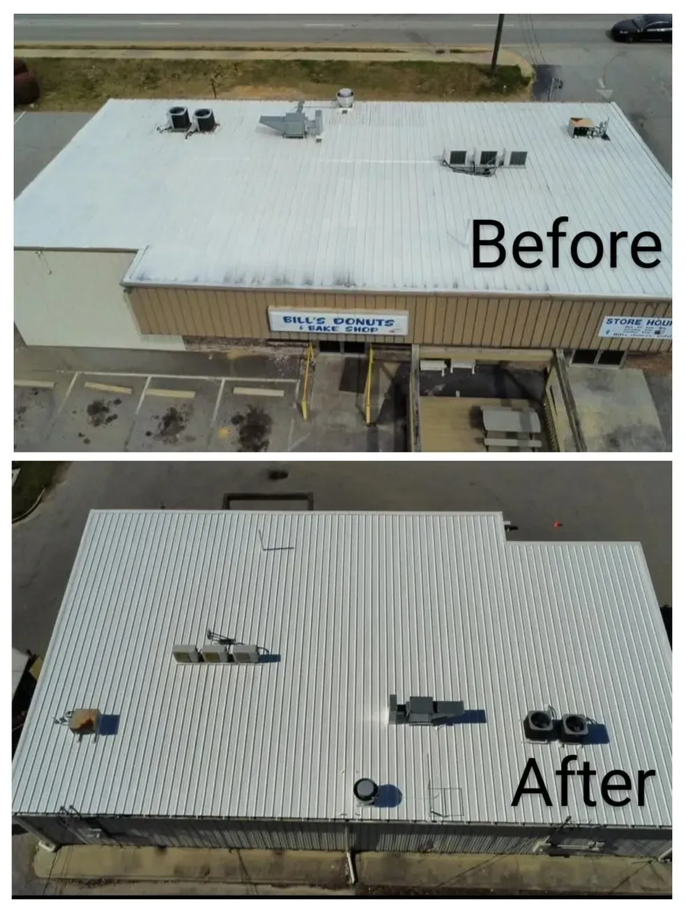 A before and after picture of a building roof