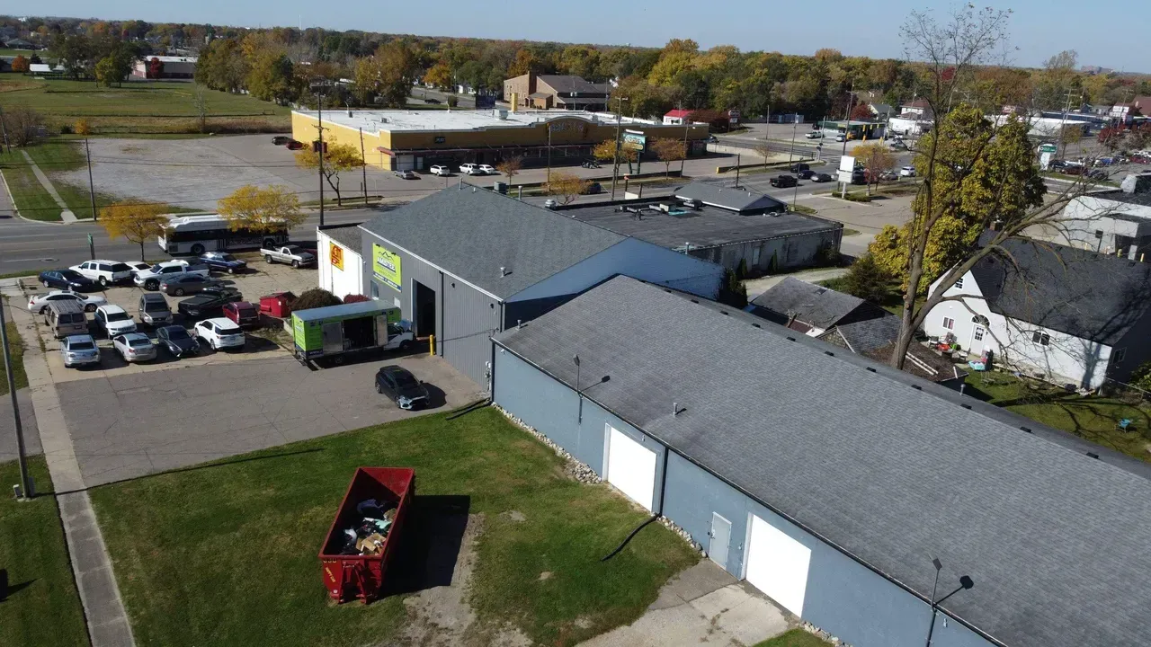 An aerial view of a small town with a lot of buildings