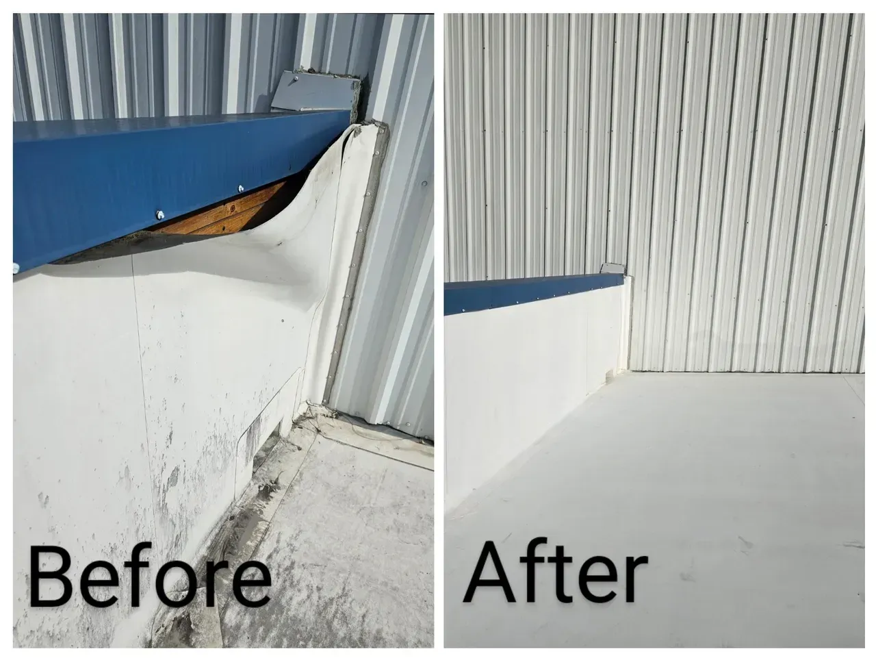 A before and after picture of a building with a blue roof