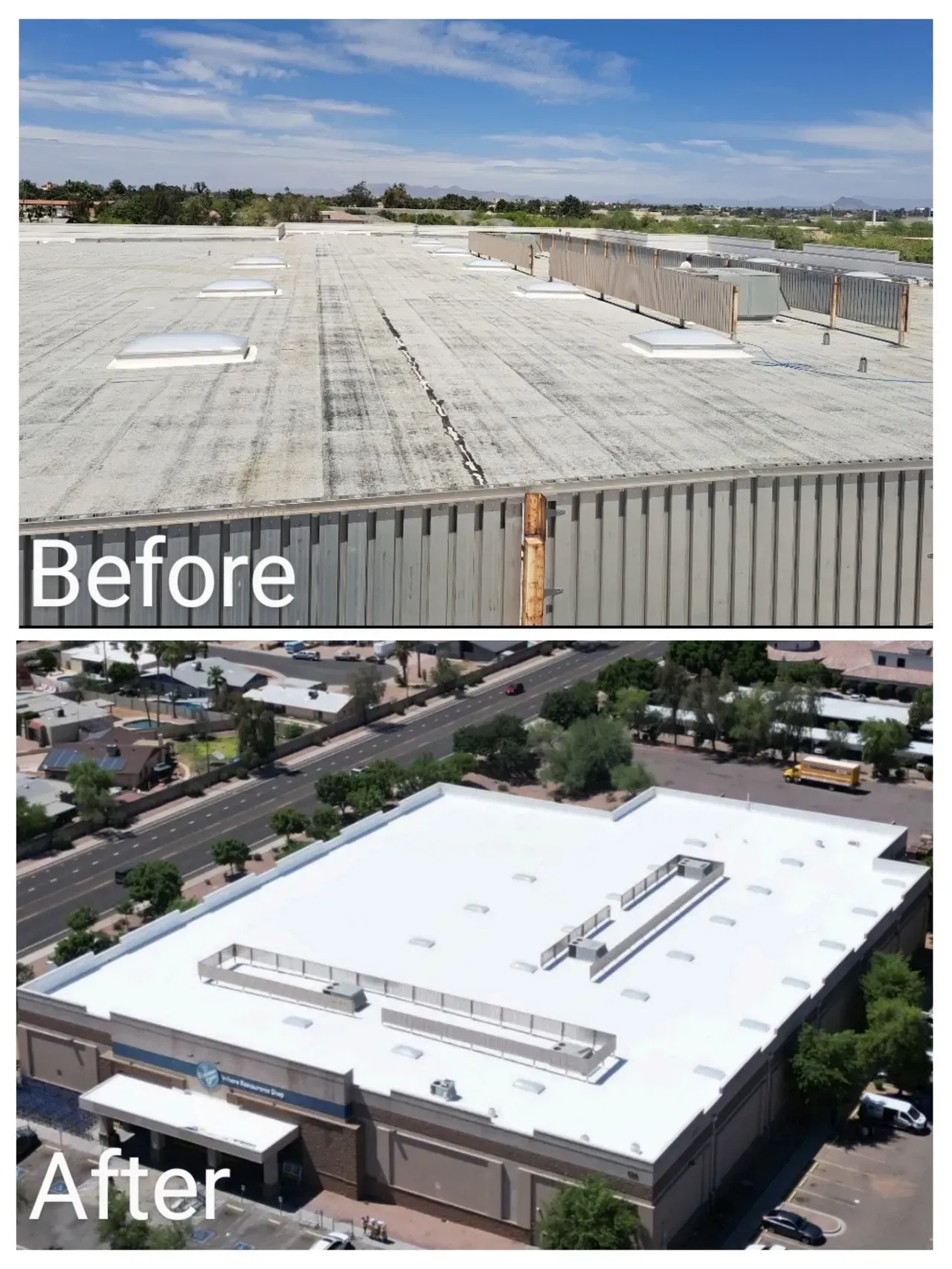 A before and after picture of a building with a white roof
