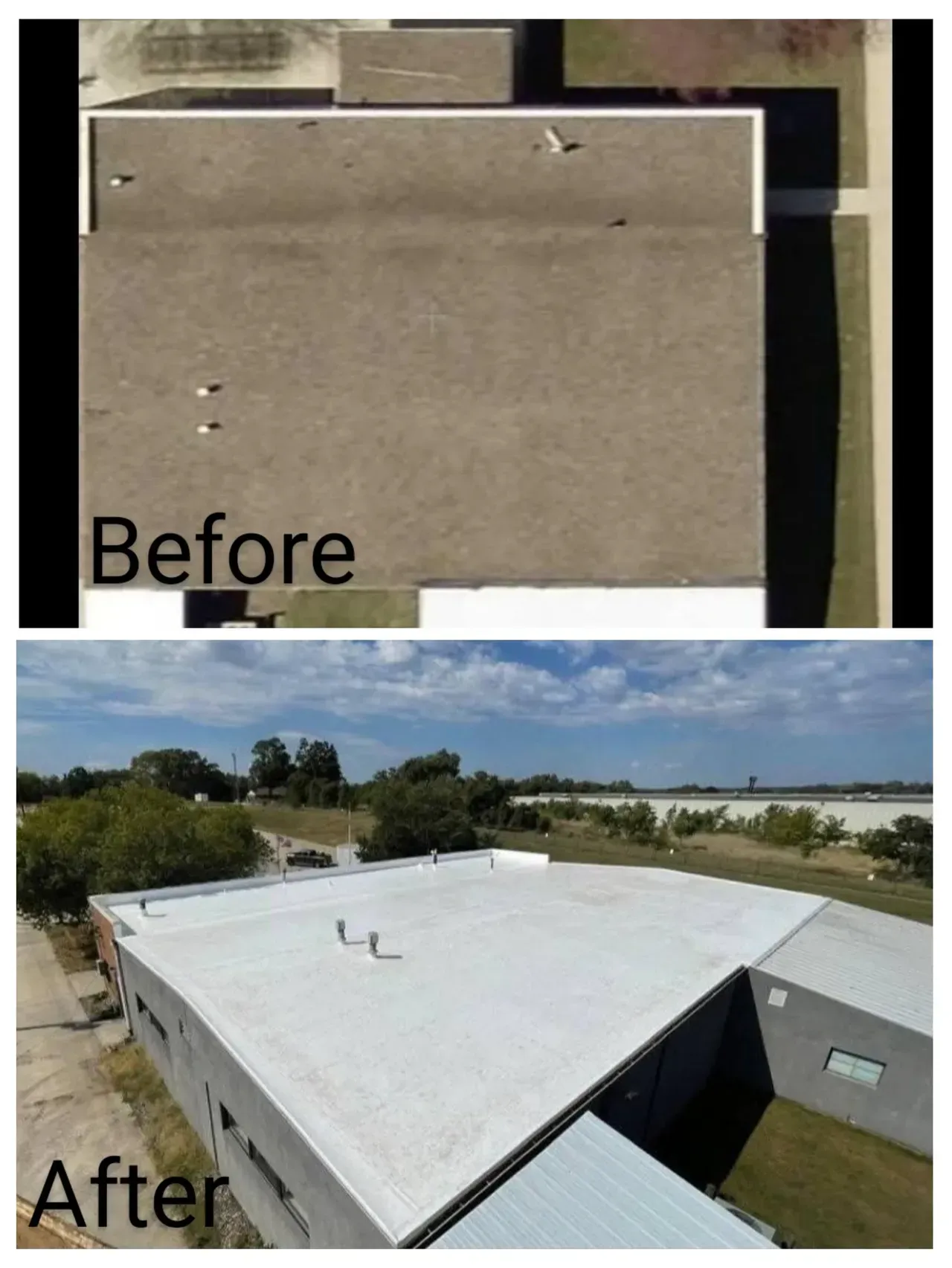 A before and after picture of a building roof
