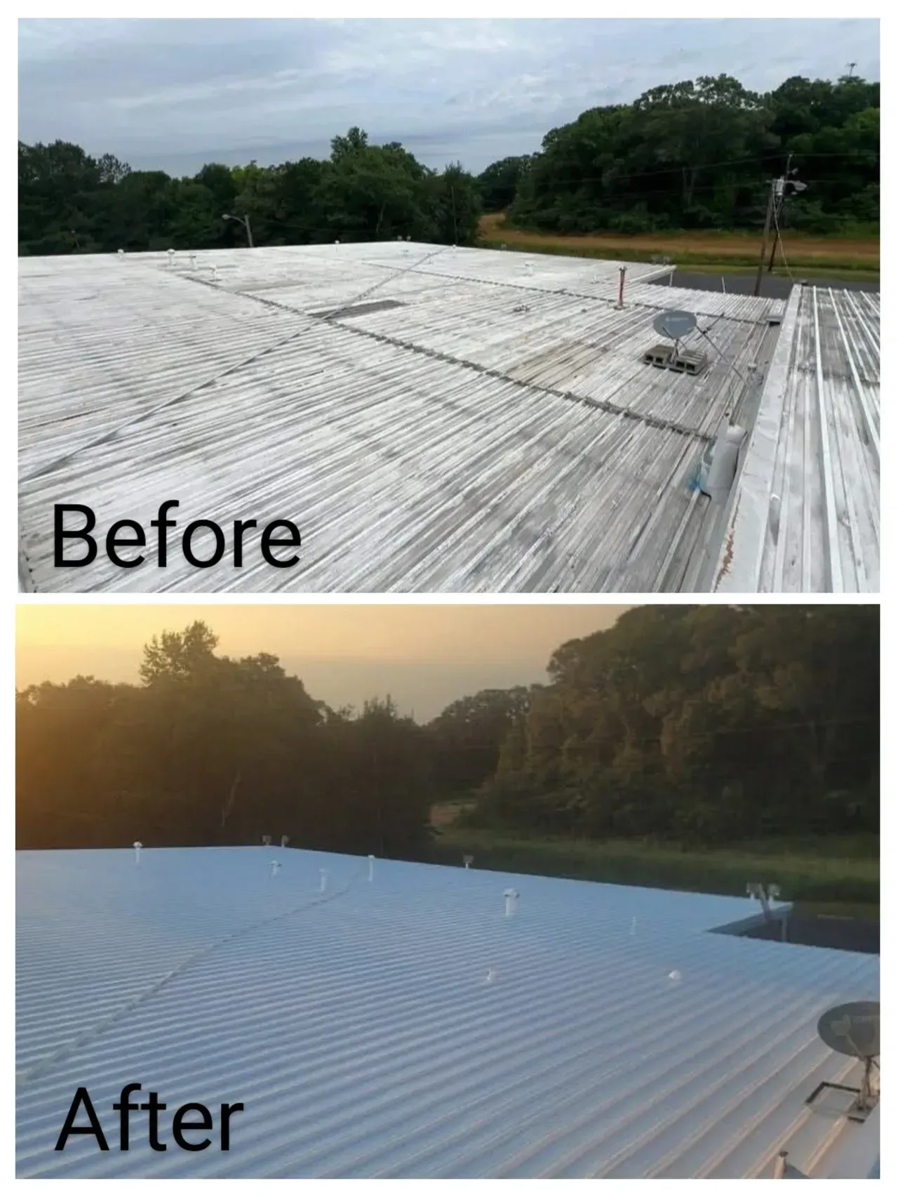 A before and after picture of a roof with trees in the background