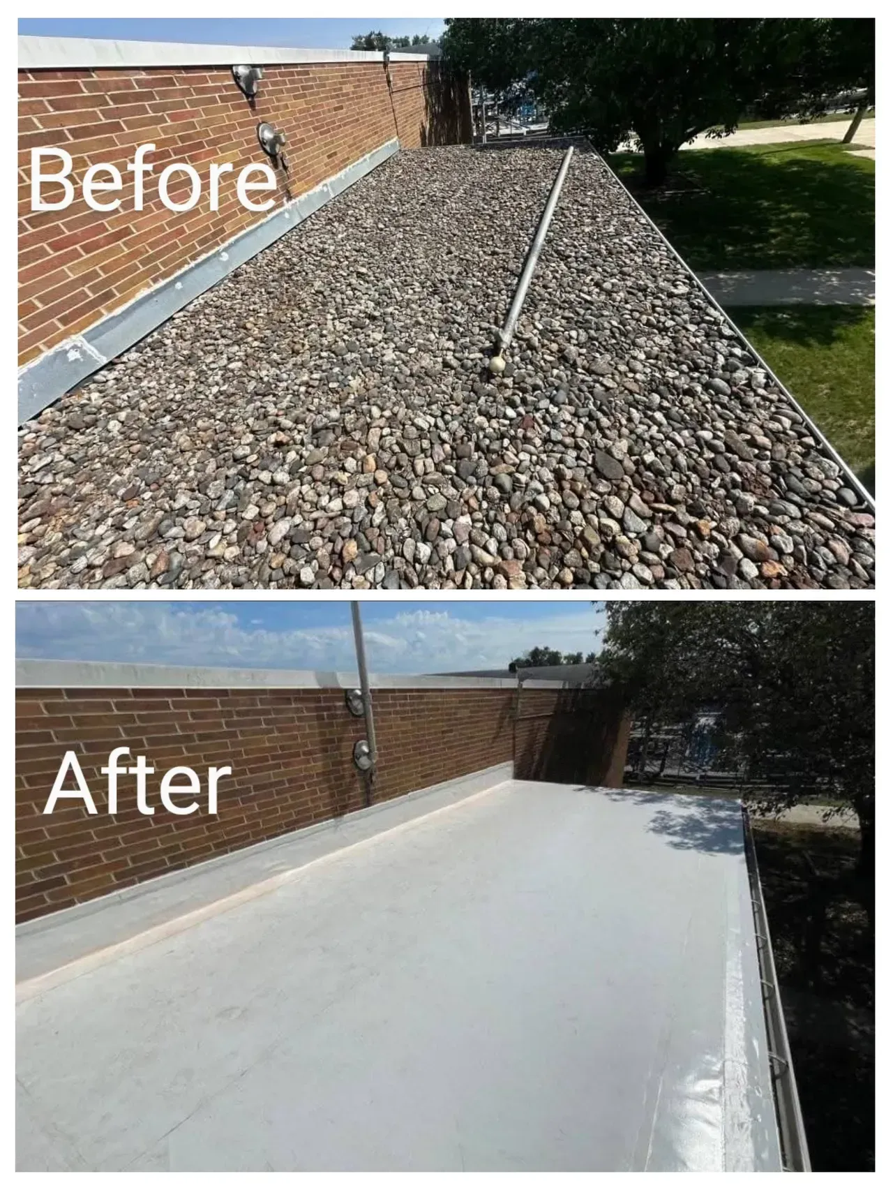 A before and after picture of a roof with rocks on it