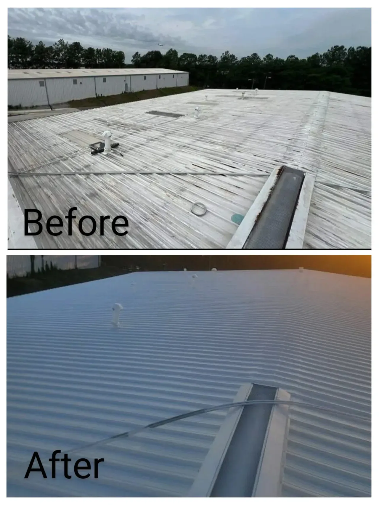 A before and after picture of a roof that has been painted white