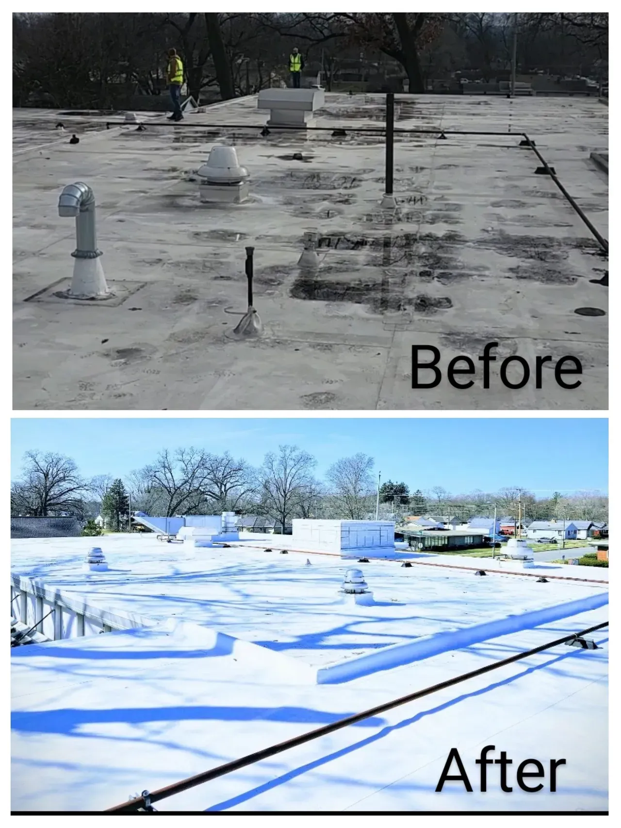 A before and after photo of a roof