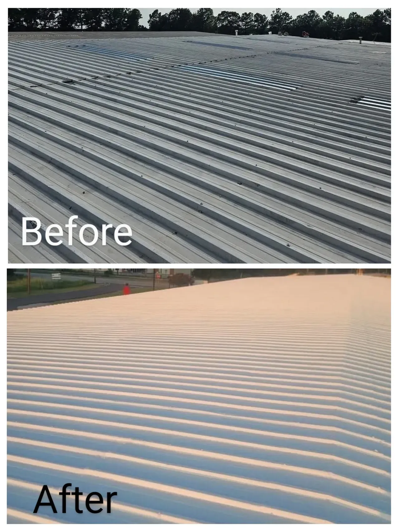 A before and after picture of a metal roof