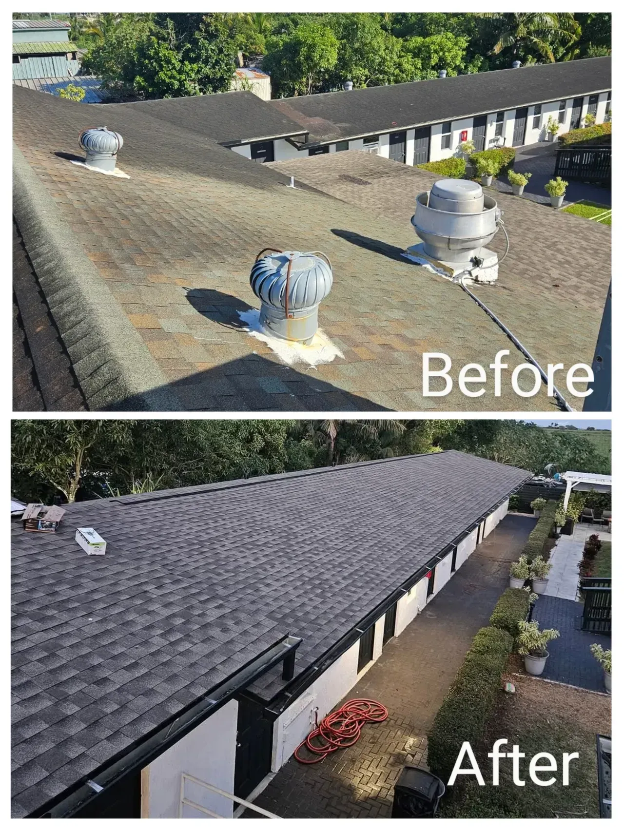 A before and after picture of a roof of a building