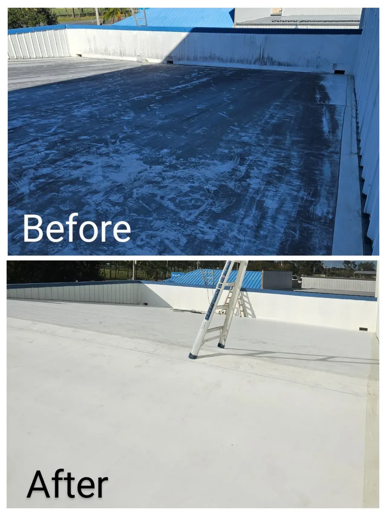 A before and after picture of a roof with a ladder on it