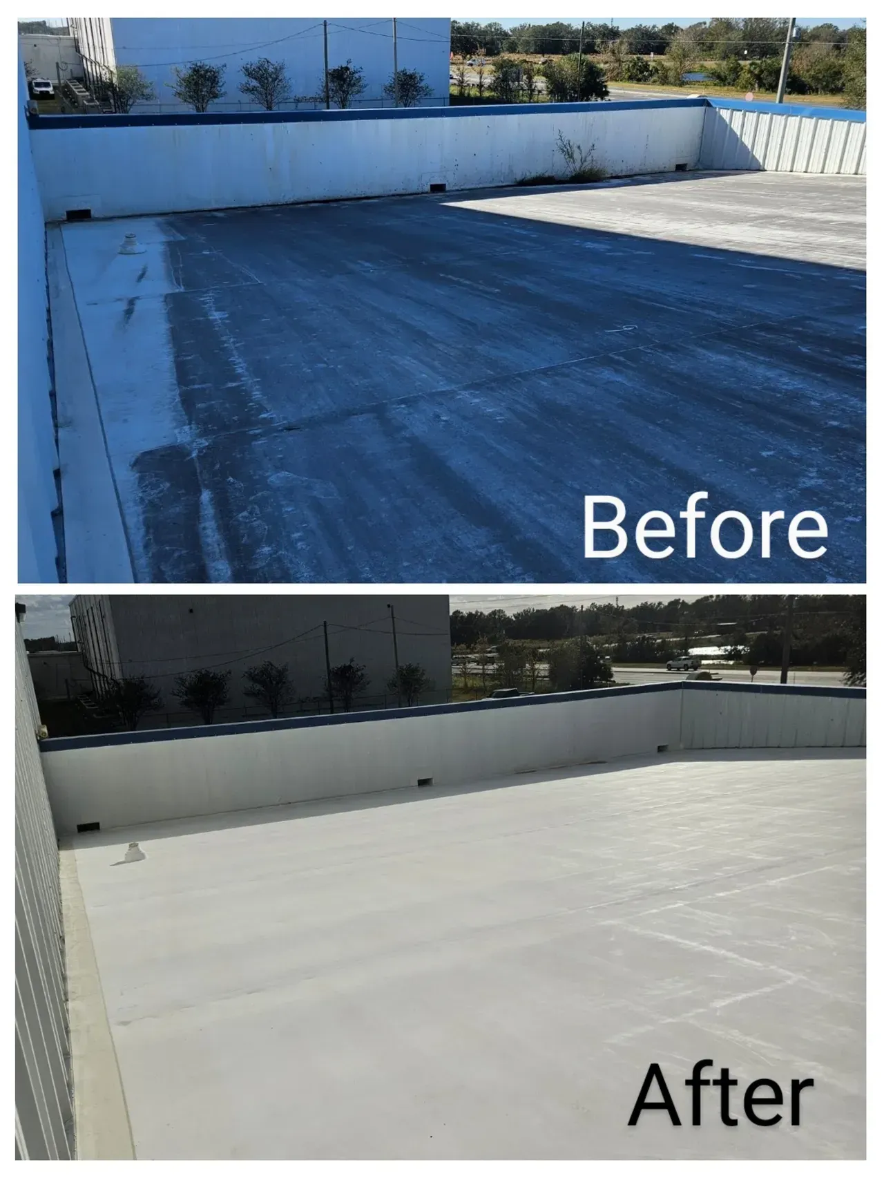 Before and after photos of a flat roof being coated. The before shows a gray roof, and the after shows a bright white roof.