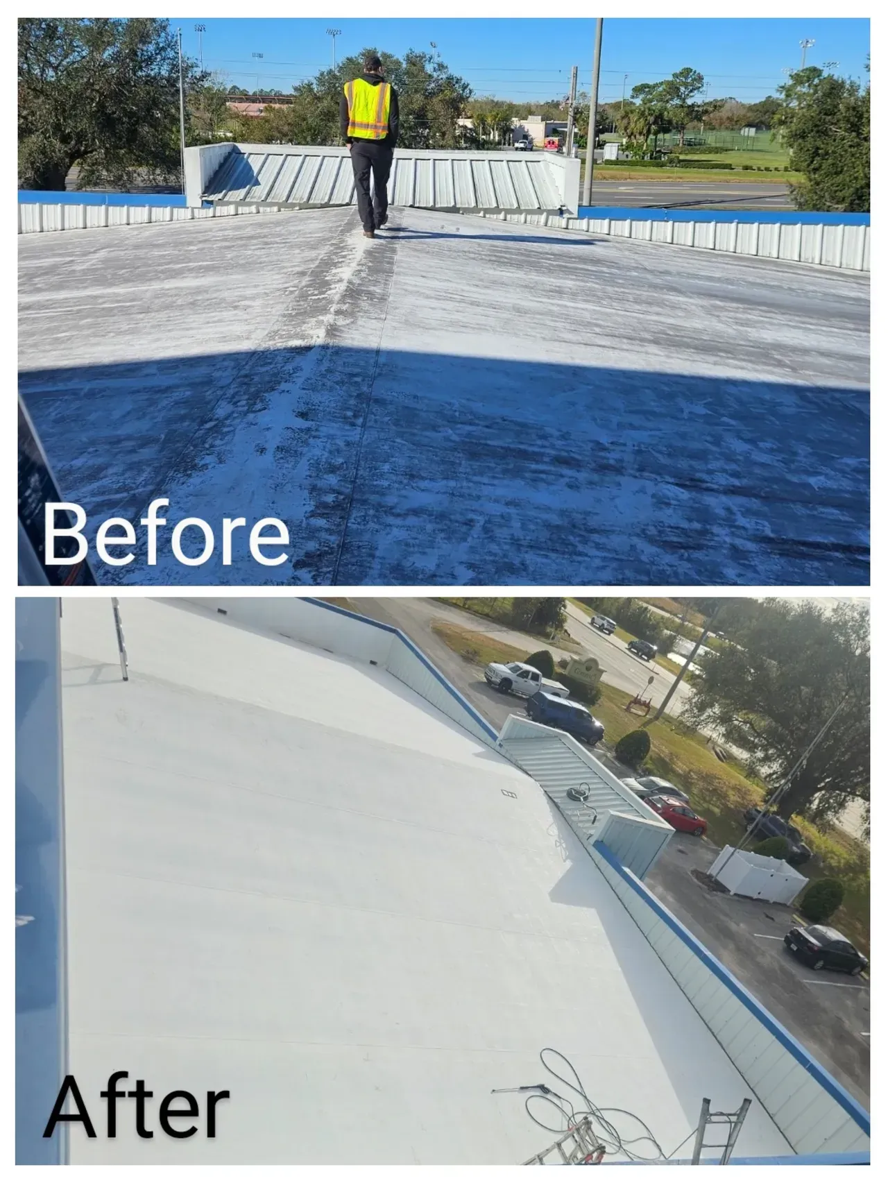 Before-and-after view of a commercial roof. Before, dark gray; after, bright white. Person in yellow vest on roof.
