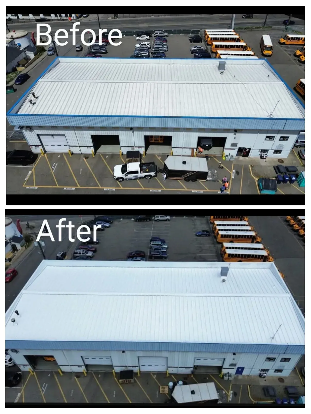 A before and after picture of a building with a white roof