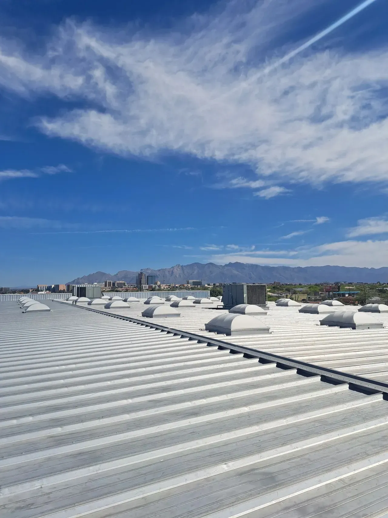 The roof of a building with a blue sky in the background.