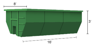 A green dumpster with measurements on a white background.