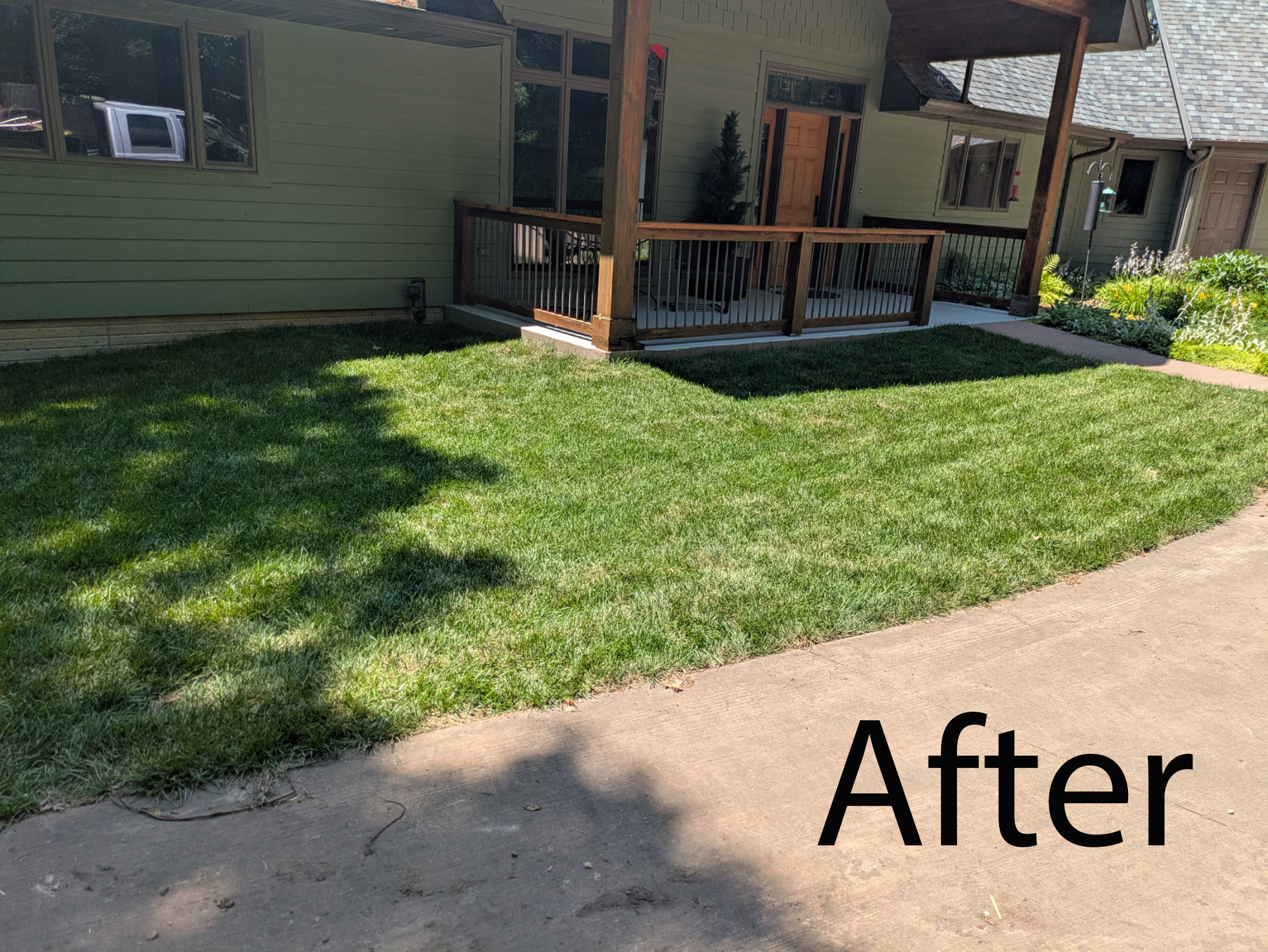 Backyard with green lawn, wooden deck, and patio area beside a house, labeled “After”