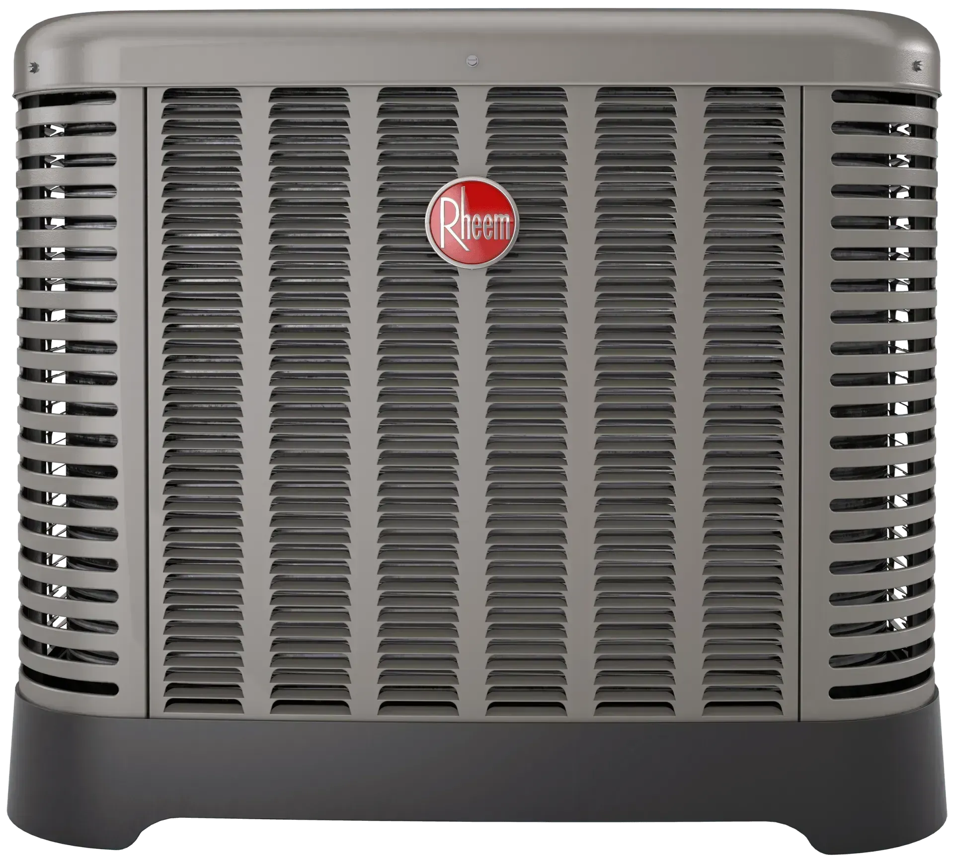 Rheem air conditioning unit, gray and black, with a red logo.