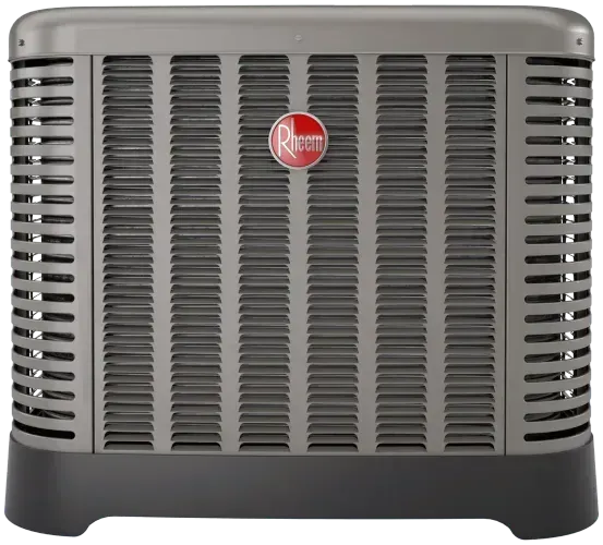 Rheem air conditioner unit, gray with black base, logo in red.
