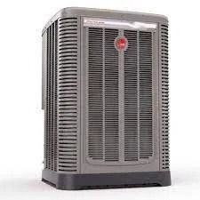 Gray air conditioner unit with a red logo on a white background.