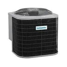 Outdoor Comfortmaker air conditioner unit with black grill and fan.