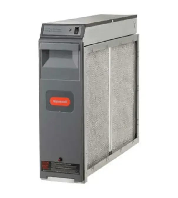 Honeywell air cleaner, gray and red, with a filter visible. Contains a power switch.