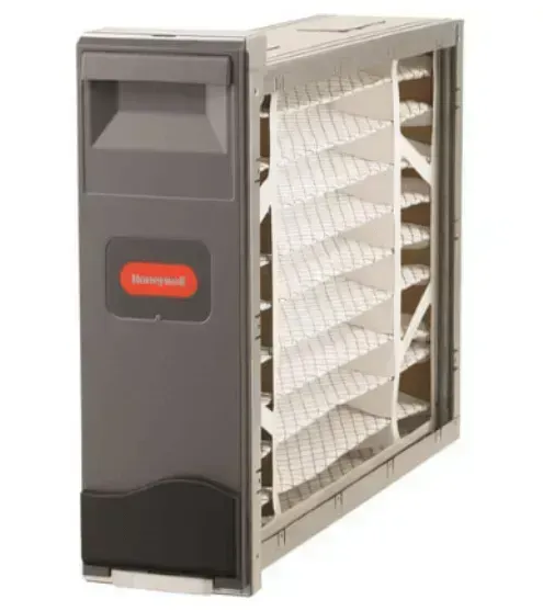 Honeywell air filter unit with gray casing and pleated filter.