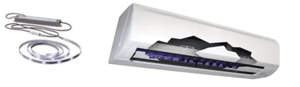 A UV light air purifier with an LED strip on the left.